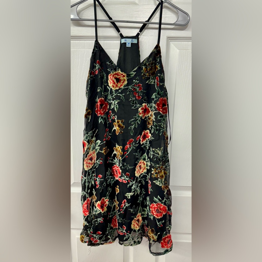 black sheer dress with crushed velvet floral design, medium, lined.  Never worn